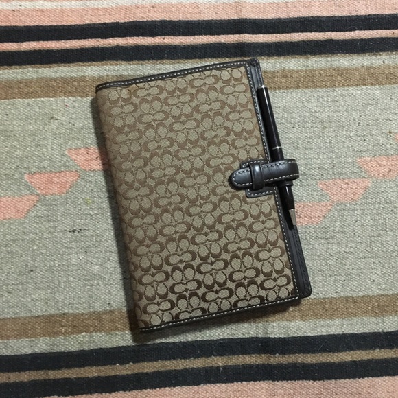 Coach Accessories - Coach Agenda & Pen Brown mini logo canvas & Brown leather trim flip journal
